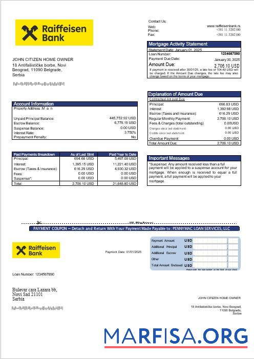 Blank Serbia Raiffeisen bank mortgage statement in Word and PDF formats sample